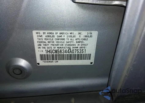 2004 Honda Accord 2.4 Lx из США, поврежденный, VIN 1HGCM56344A075351